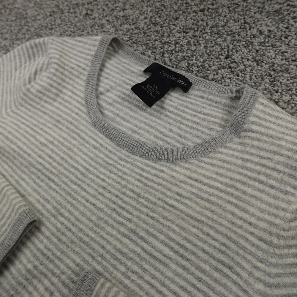Calvin Klein Sweater Womens L Gray Stripe Merino Wool Pullover Crewneck Knit Top